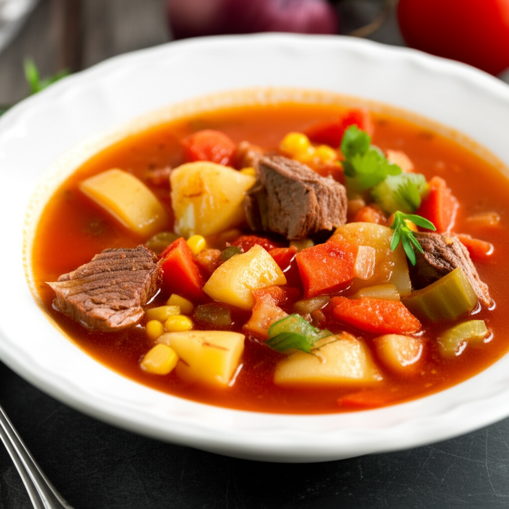 Vegetable soup with beef chunks, potatoes, carrots, and corn in a white bowl.