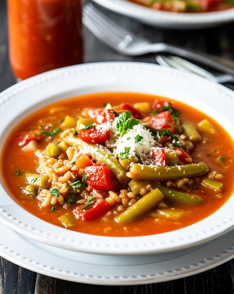 Tomato rice soup in a white bowl, topped with grated cheese and herbs. Green beans and diced tomatoes visible.