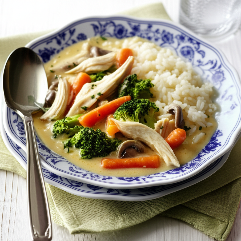 Chicken Divan Soup: Creamy soup with chicken, broccoli, carrots, mushrooms, and rice on a blue-patterned plate.