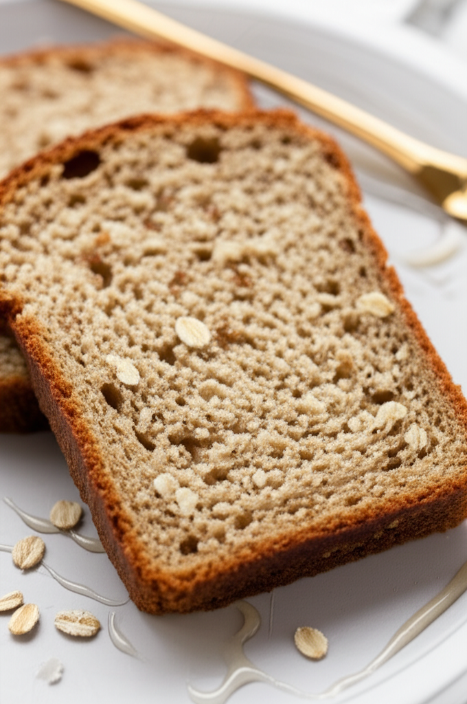 Sliced oatmeal bread with golden crust, served on a white plate with oats and drizzle.