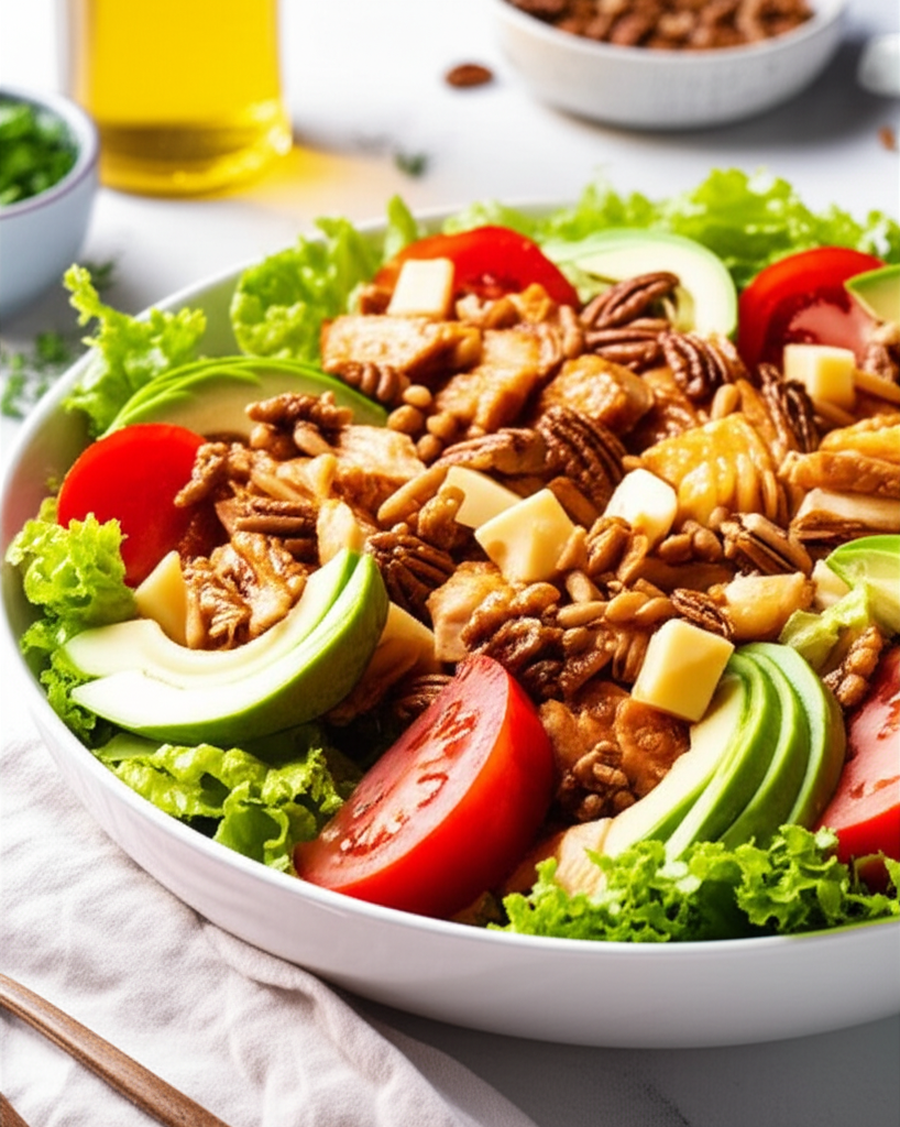 Chicken salad with lettuce, avocado, tomato, cheese cubes, pecans, and sunflower seeds in a white bowl.
