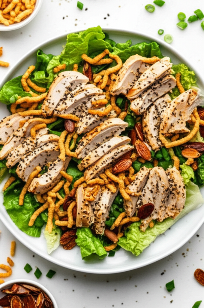 Chicken salad on lettuce with chow mein noodles and almonds.