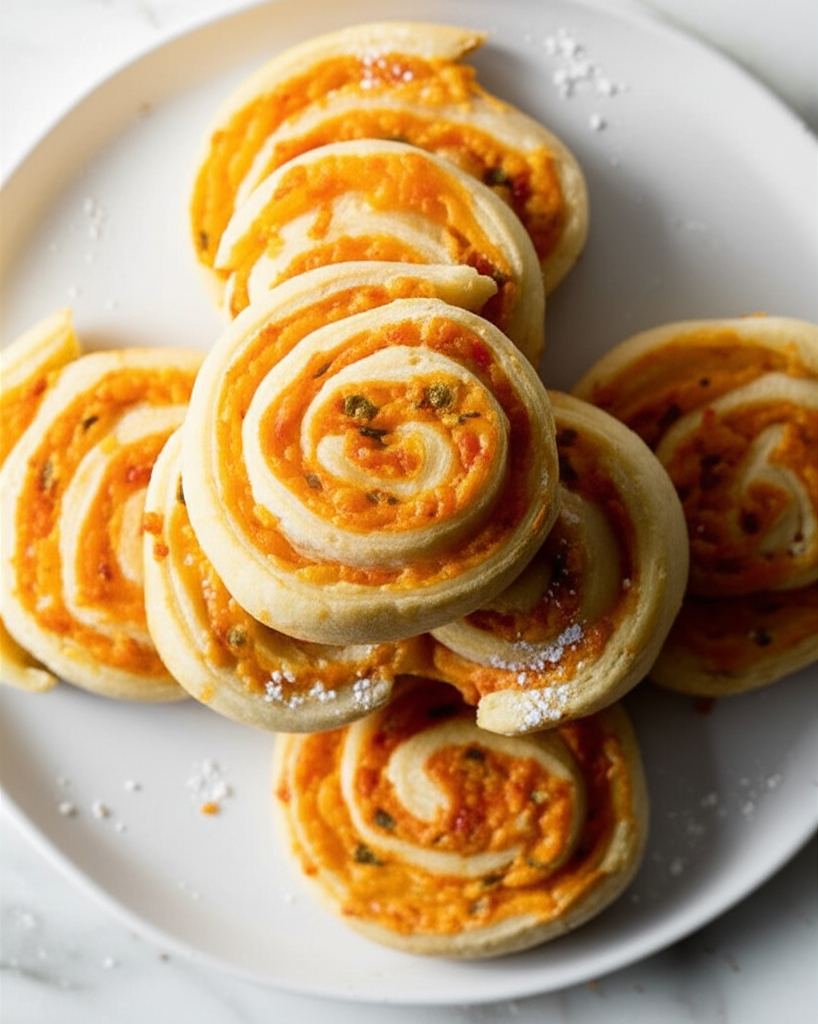 Baked cheese swirls on a white plate, showing golden-brown dough and orange filling.