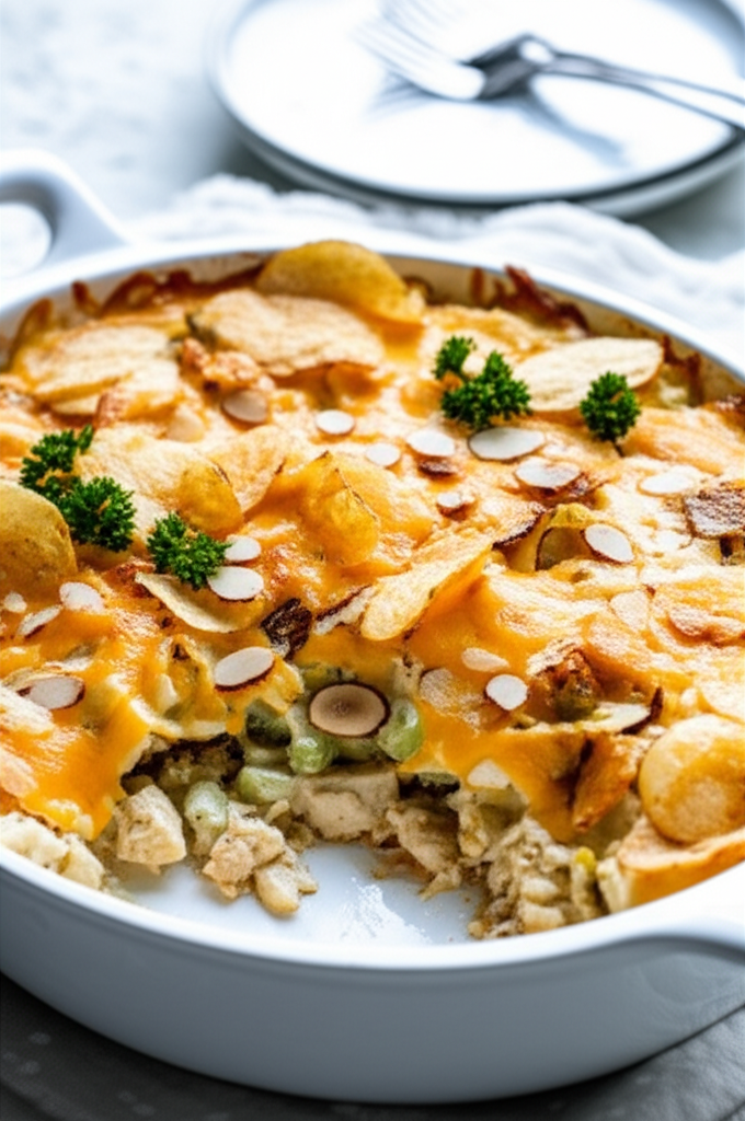 Baked hot chicken salad in a white dish, topped with potato chips, almonds, and parsley.