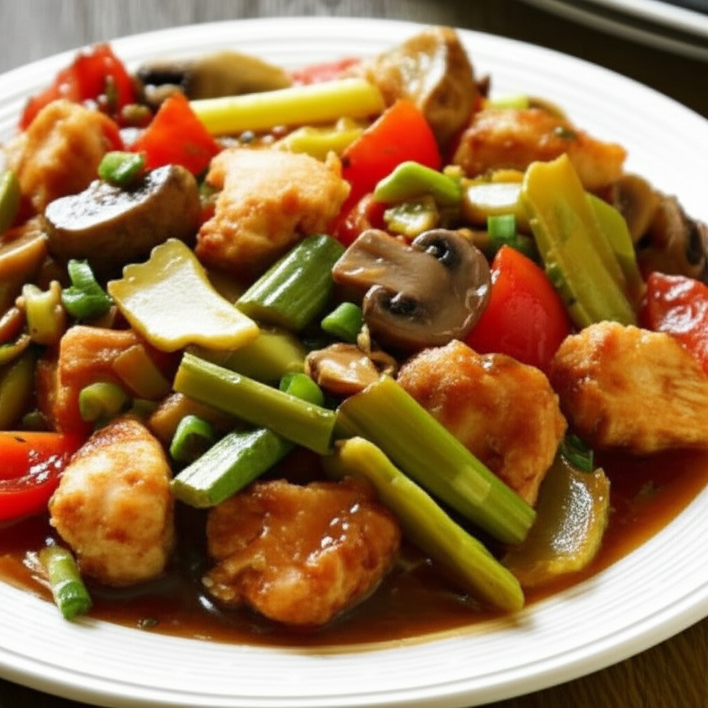Stir-fried chicken with mushrooms, tomatoes, and green vegetables in a brown sauce, served on a white plate.