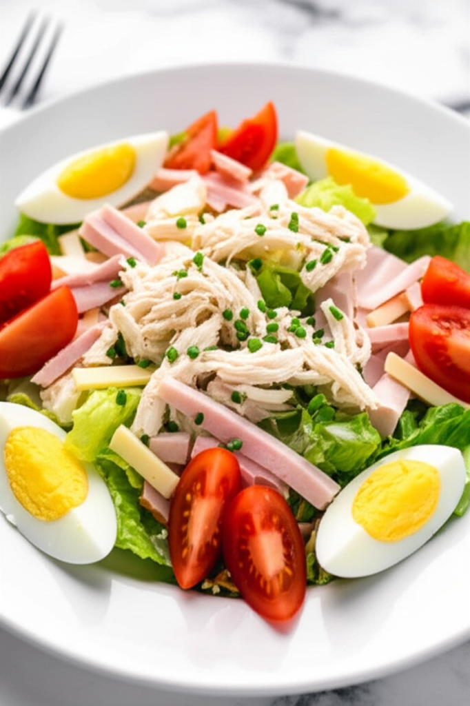 Lettuce salad with shredded chicken, ham, cheese, tomatoes, and sliced hard-boiled eggs.