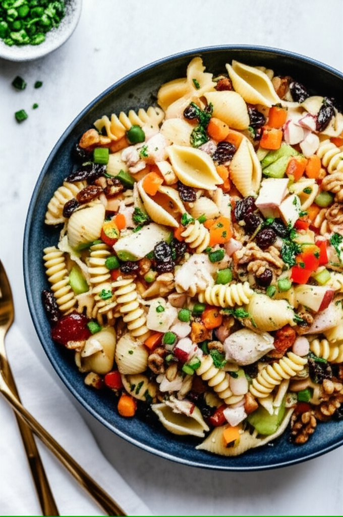 Chicken pasta salad in a blue bowl with shell and spiral pasta, chicken, vegetables, raisins, and walnuts.