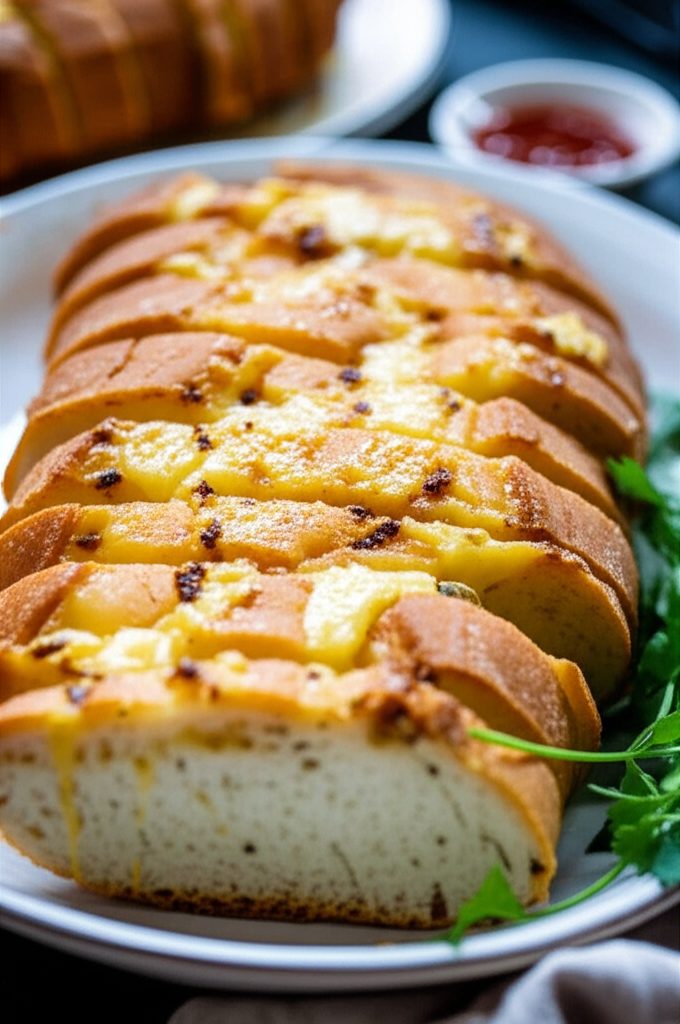 Sliced loaf of baked cheesy bread on a white plate, garnished with parsley.