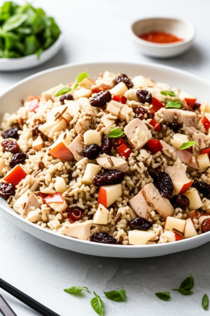 Wild rice salad with diced chicken, apples, cranberries, and herbs in a white bowl.