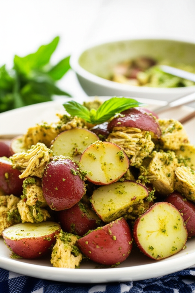 Pesto chicken-potato salad on a white plate, garnished with fresh basil. Red potatoes and chicken pieces are coated in green pesto.