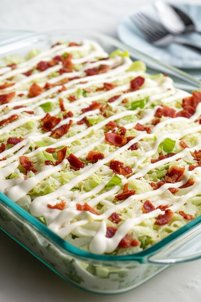 Layered salad in glass dish: lettuce, bacon, green onions, and creamy dressing.