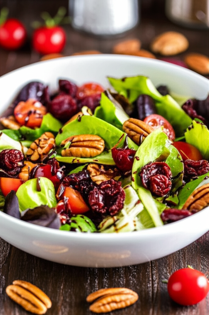 Salad with greens, tomatoes, dried cranberries, pecans, and balsamic drizzle in a white bowl.