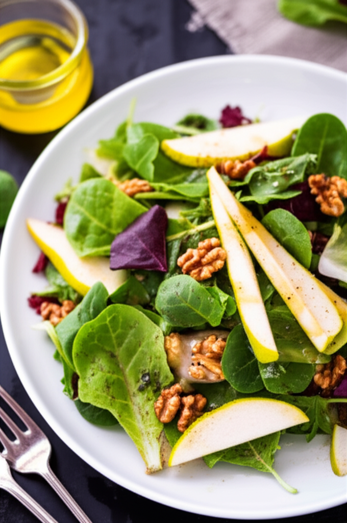 Autumn salad: Greens, pear slices, walnuts, and red leaves on a white plate. Dressing in a jar.