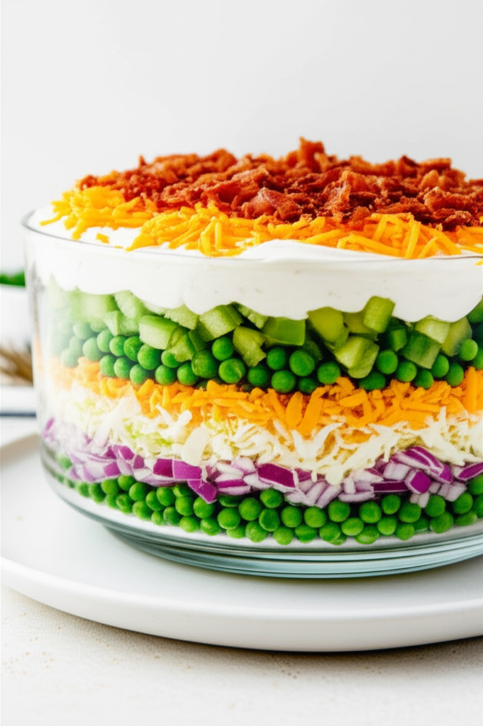 Layered salad in glass bowl: peas, red onion, cabbage, carrots, celery, creamy dressing, cheddar, and bacon.