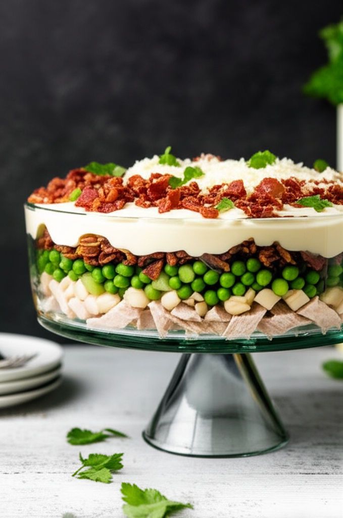 Layered salad in glass bowl on stand: chicken, beans, peas, celery, creamy dressing, bacon, cheese, and mint.