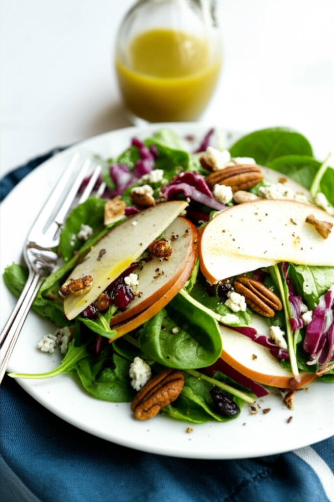 Spinach salad with sliced pears, pecans, cranberries, and blue cheese crumbles on a white plate. Dressing in background.
