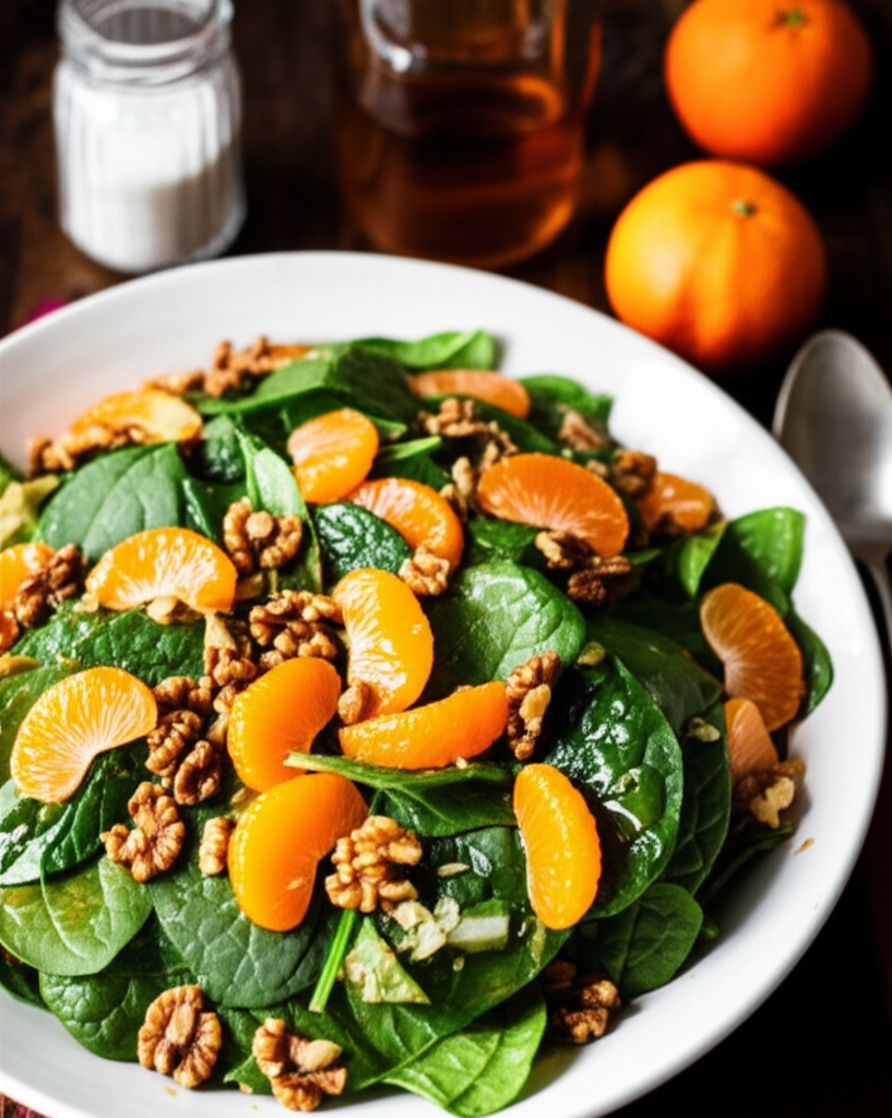 Spinach salad with mandarin orange segments and walnuts in a white bowl.