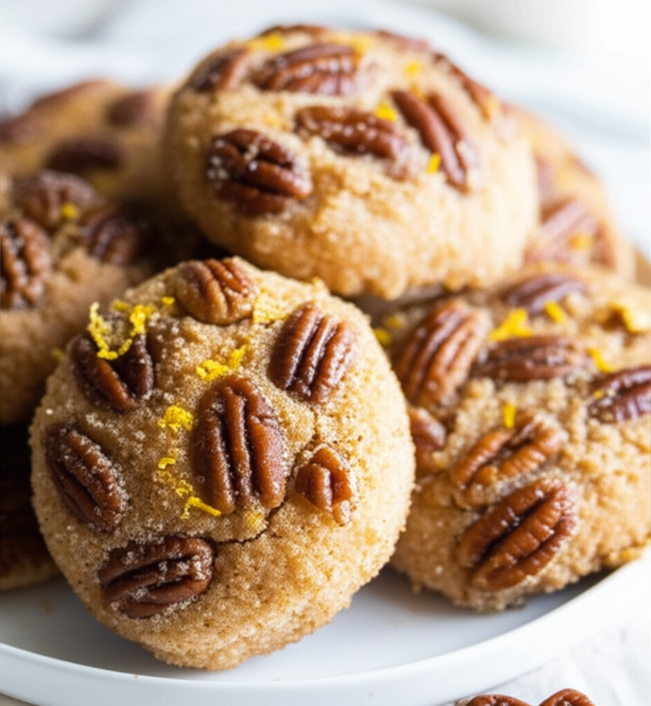 Pile of golden pecan biscuits, topped with pecans and lemon zest on a white plate.