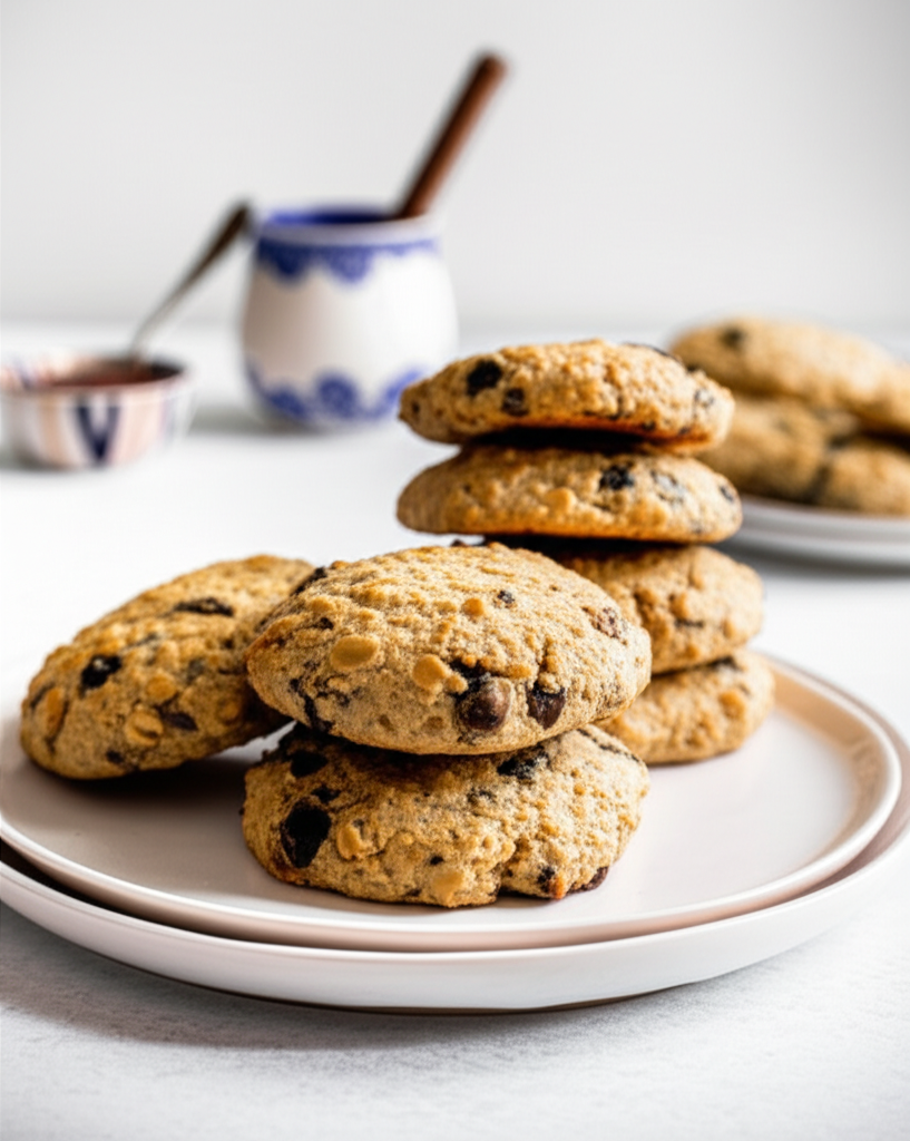 Stacked cottage oat biscuits with chocolate chips on a white plate.