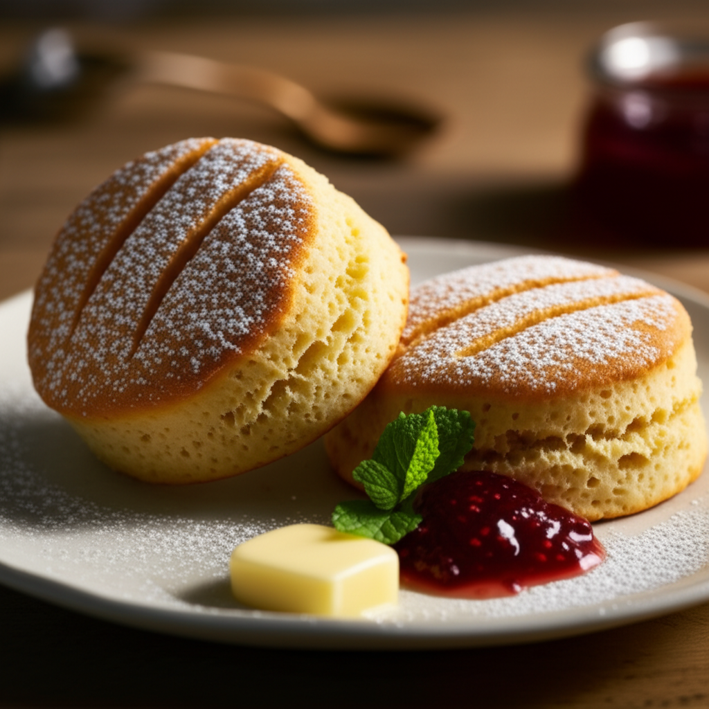 Two tea scones dusted with powdered sugar, served with butter, jam, and mint.