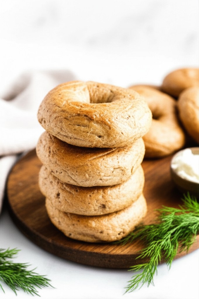 Stack of golden-brown whole wheat bagels on a wooden board with cream cheese and dill.