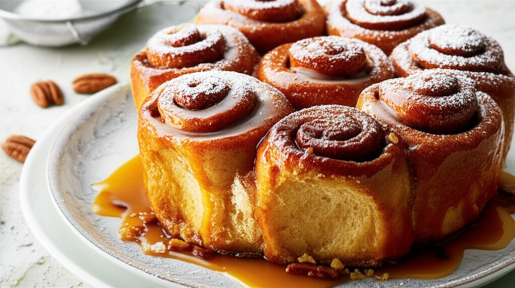 Baked sticky rolls with caramel sauce and powdered sugar on a plate, pecans nearby.
