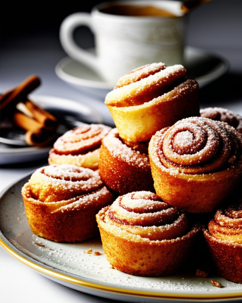 Pile of baked cinnamon rolls dusted with powdered sugar on a plate.