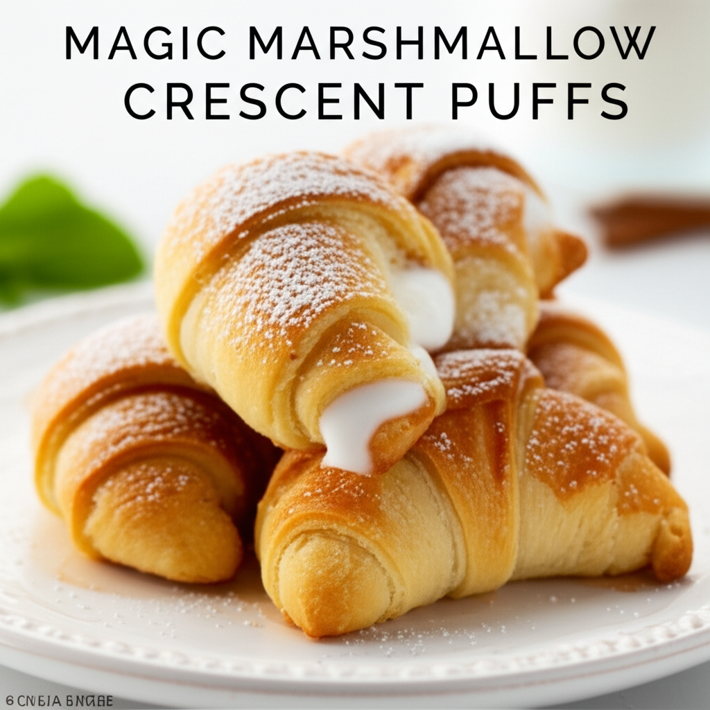 Golden crescent rolls filled with marshmallow, dusted with powdered sugar on a white plate.