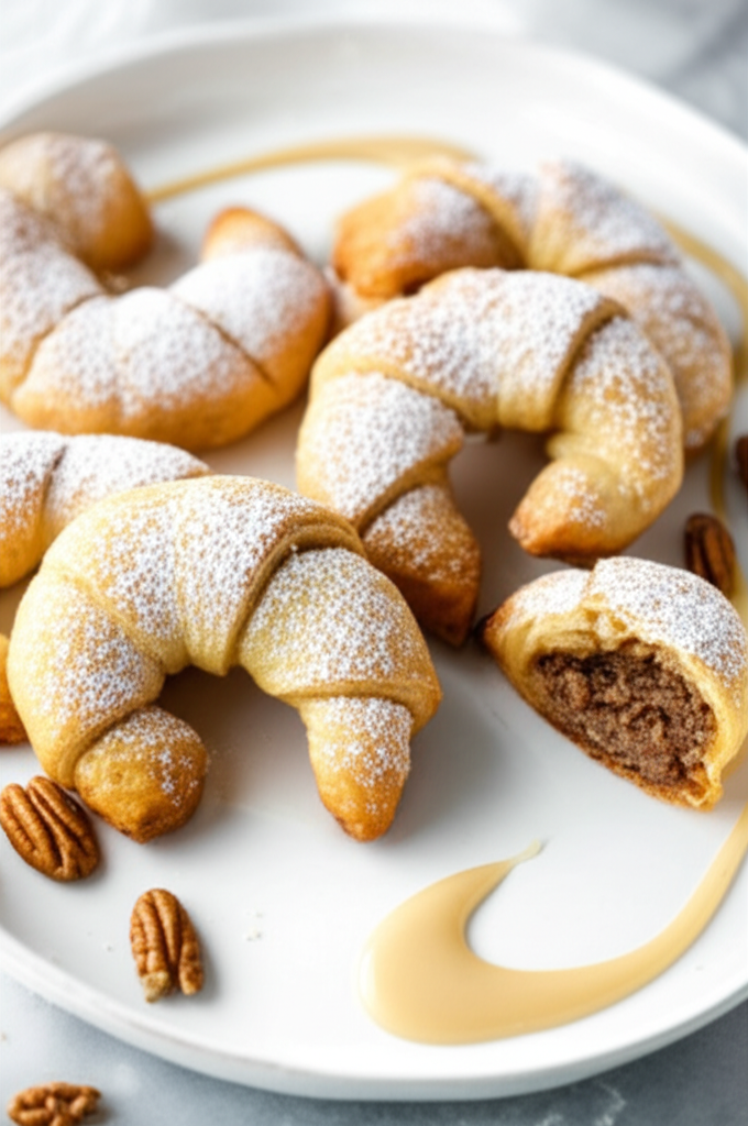 Golden crescent rolls dusted with powdered sugar, one cut open to show nut filling, on a white plate with pecans and caramel drizzle.