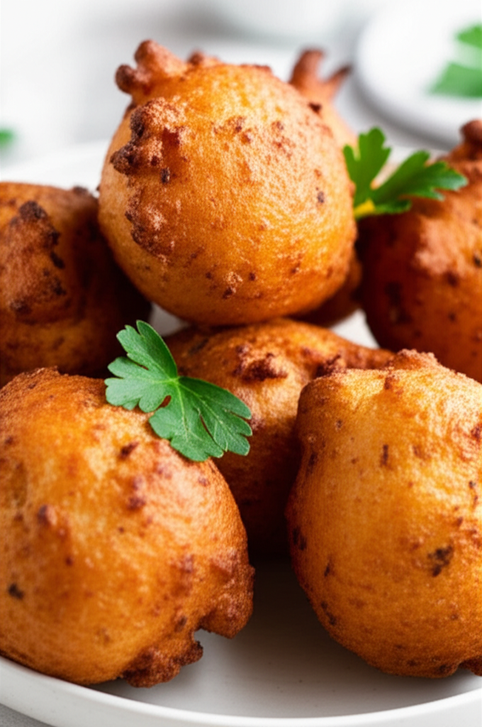 Pile of golden-brown, deep-fried hush puppies on a white plate, garnished with fresh parsley.