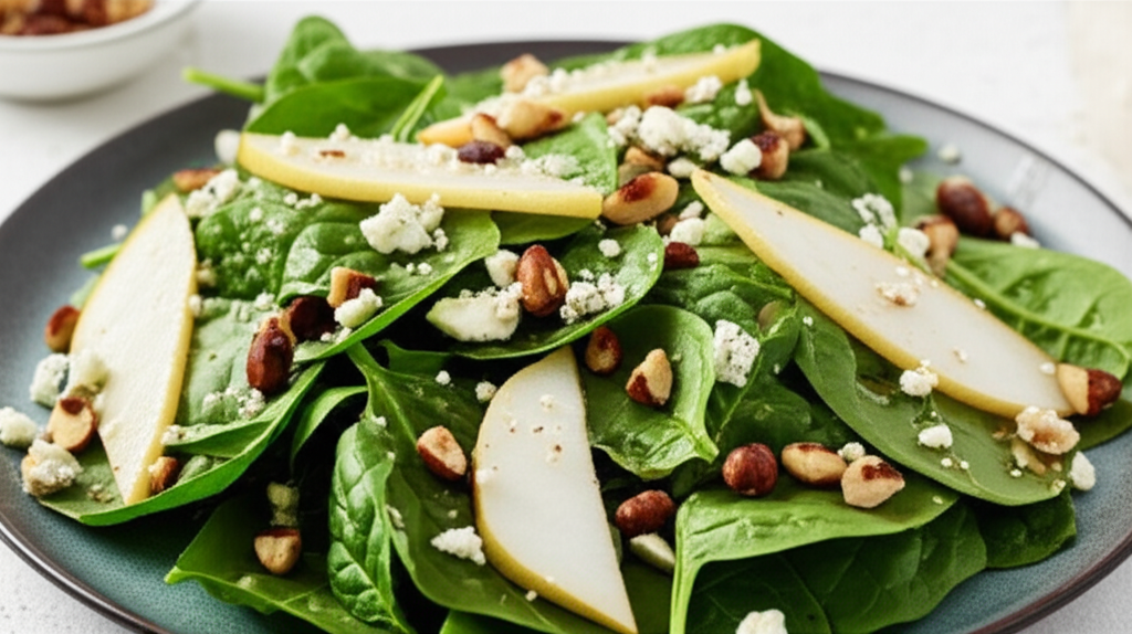 Spinach salad with sliced pears, crumbled blue cheese, and toasted hazelnuts on a gray plate.