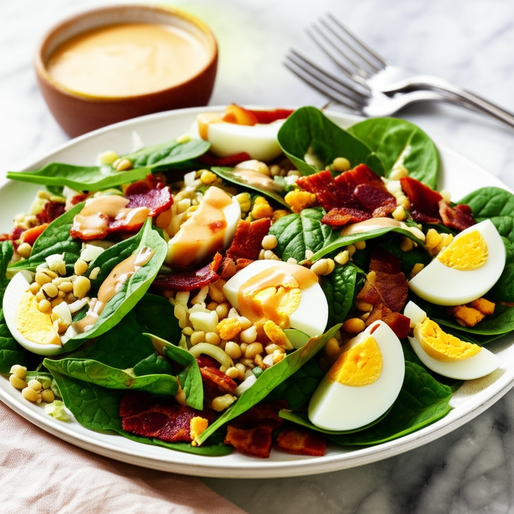 Spinach salad with bean sprouts, sliced hard-boiled eggs, crispy bacon, and dressing on a white plate.