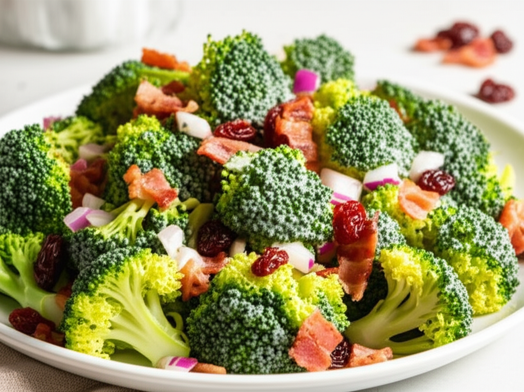 Broccoli salad with bacon, red onion, and cranberries on a white plate.