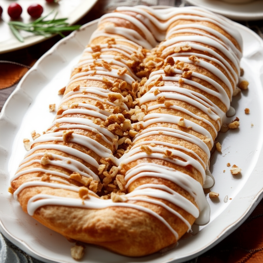 Braided coffee cake with white icing drizzle and chopped nuts, served on a white platter.