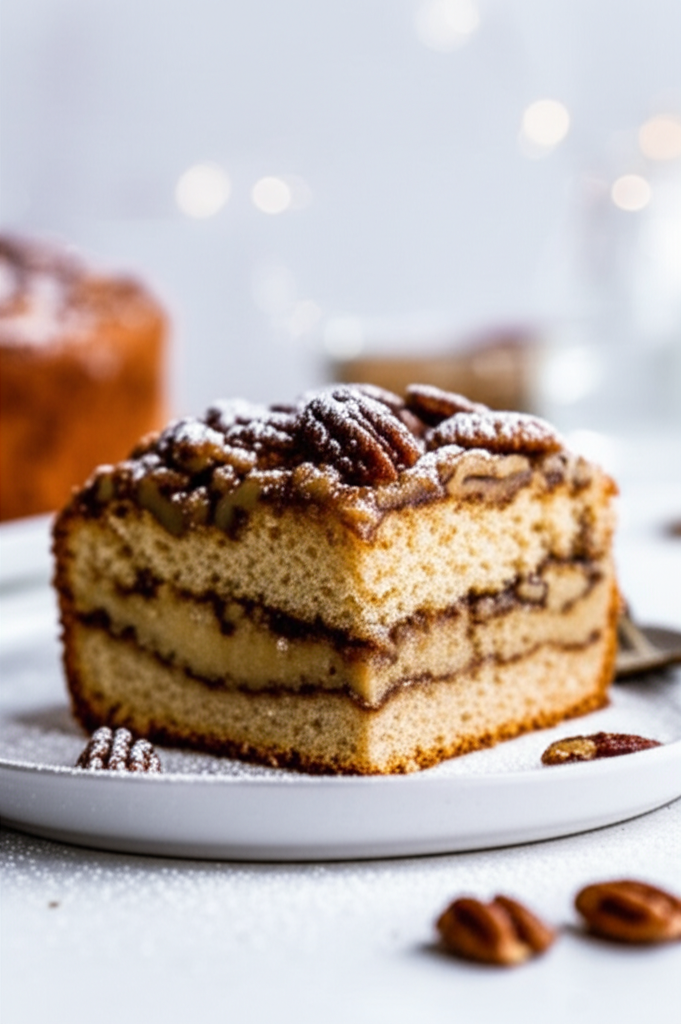 Buttermilk coffee cake slice with pecan topping and cinnamon layers, dusted with powdered sugar on a white plate.