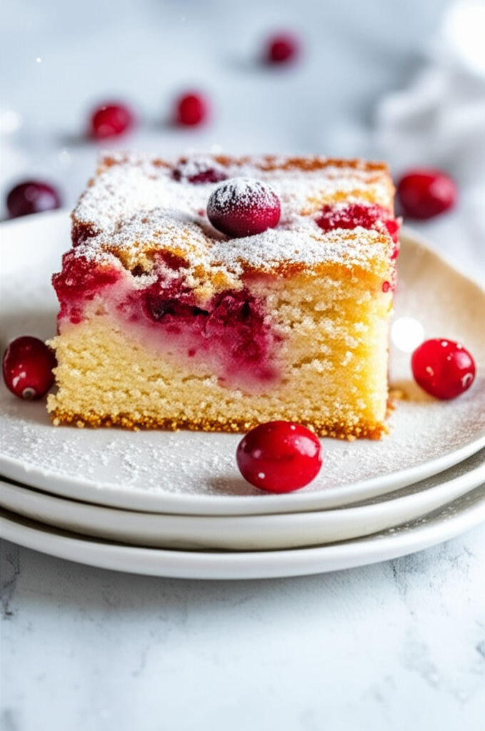 Square slice of cranberry coffee cake on a plate, dusted with powdered sugar and topped with cranberries.