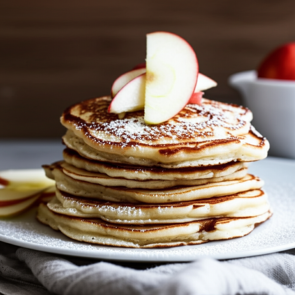 Stack of apple pancakes dusted with powdered sugar, topped with apple slices.