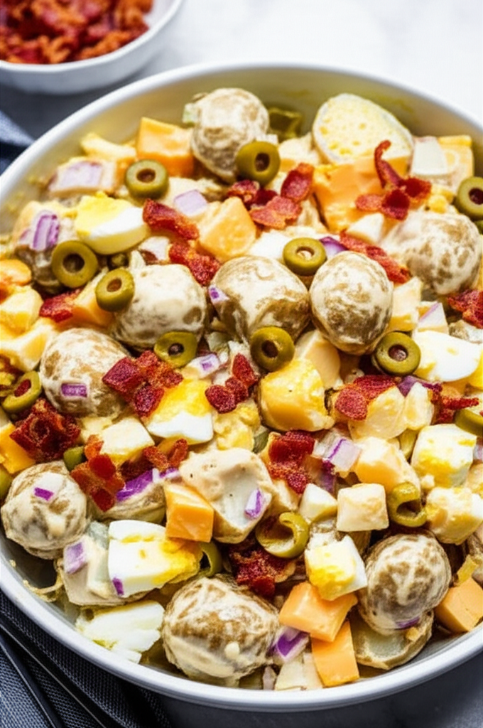 Creamy Dutch potato salad with potatoes, eggs, cheese, olives, bacon, and red onion in a white bowl.