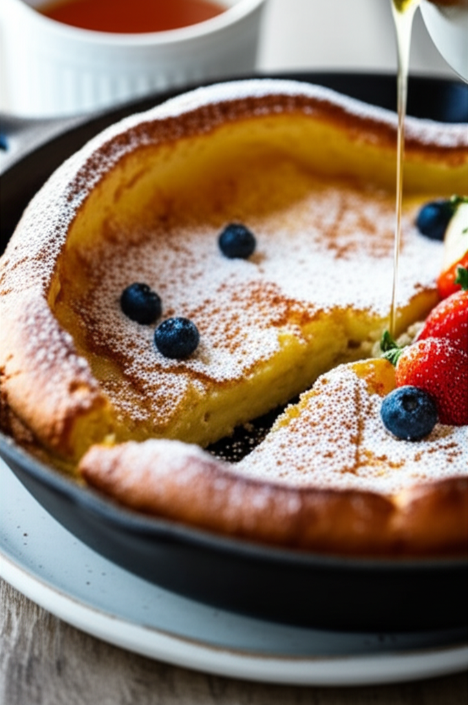 Dutch baby pancake in skillet, dusted with powdered sugar, topped with blueberries and strawberries, syrup being poured.