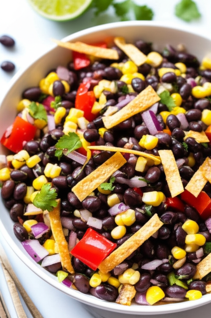 Black bean and corn salad with red bell pepper, red onion, tortilla strips, and cilantro in a white bowl.