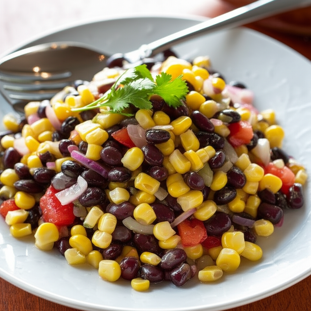 Corn and black bean salad with red onion and tomato, garnished with cilantro on a white plate.