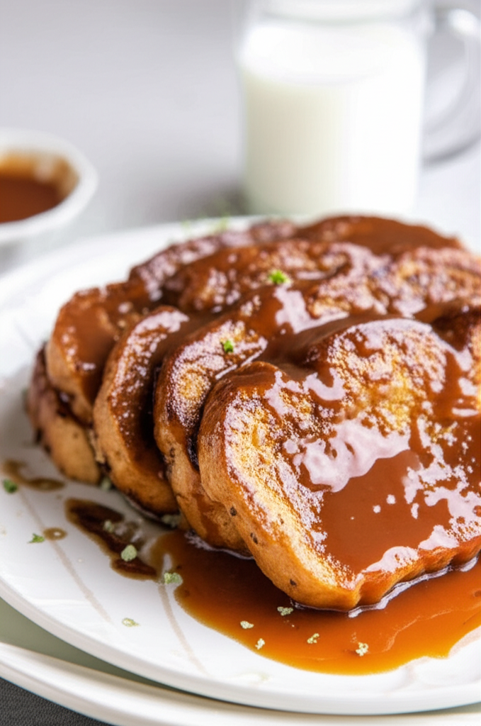 Caramel French toast slices stacked on a white plate, drizzled with caramel sauce and garnished with herbs.