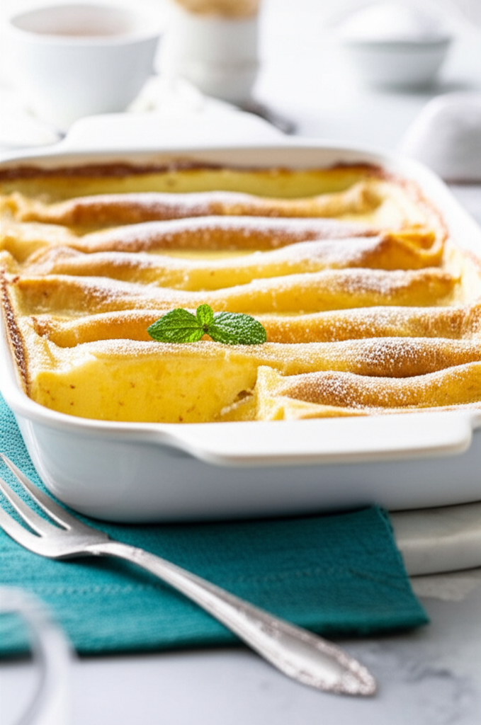 Baked blintz casserole in white dish, dusted with powdered sugar and garnished with mint.