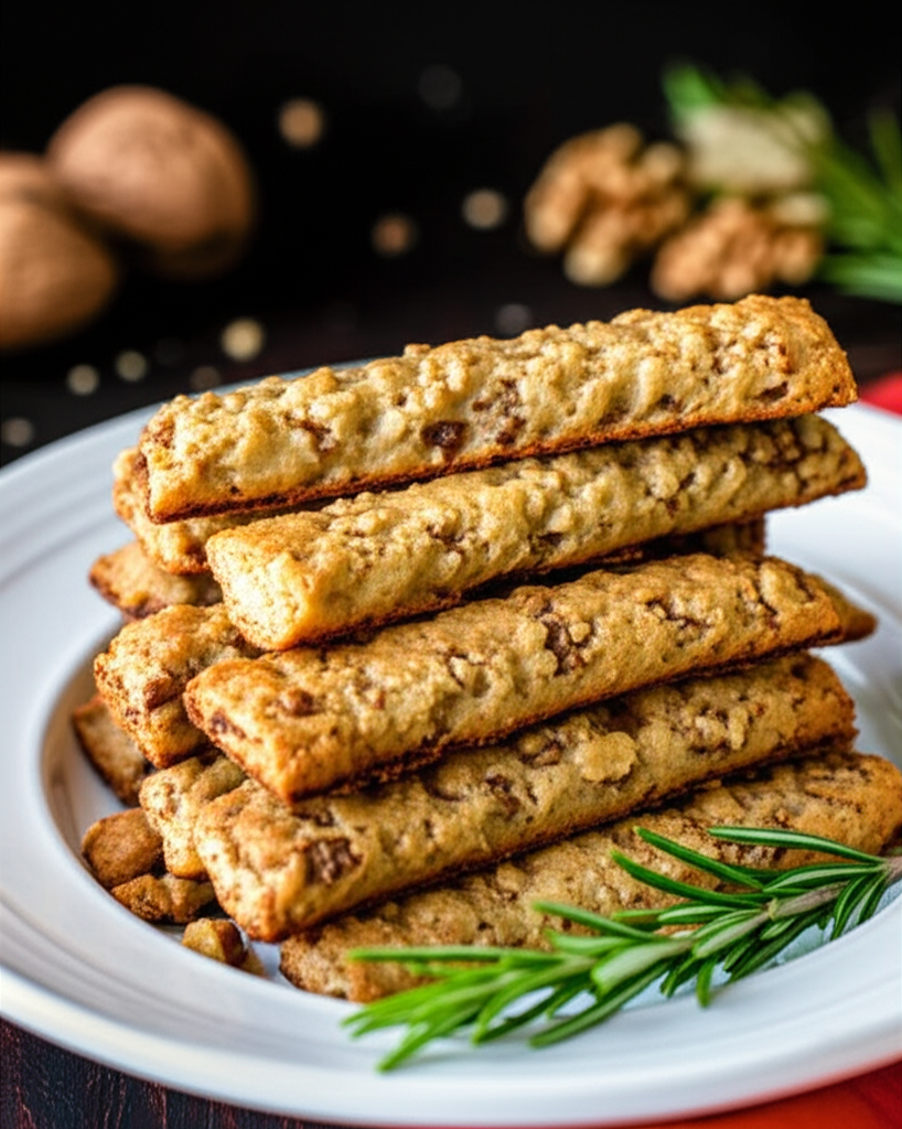 Stack of baked walnut cheese sticks on a white plate, garnished with rosemary sprigs.