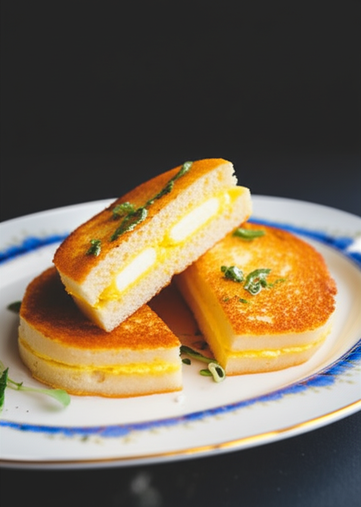 Grilled cheese sandwiches, golden brown, stacked on a plate with blue trim, garnished with green herbs.