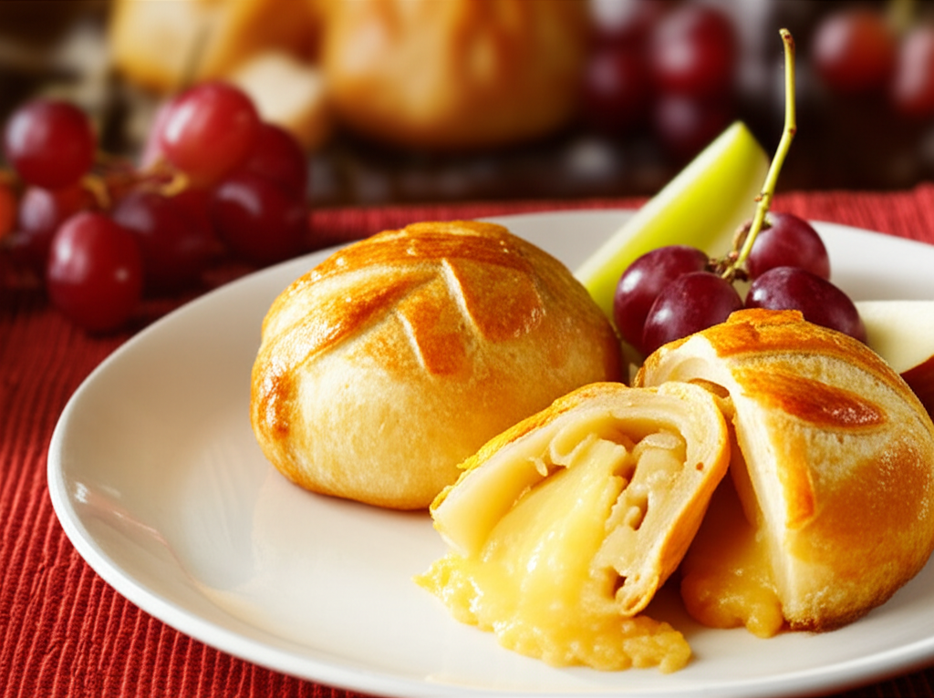 Baked gouda in pastry, one cut open revealing melted cheese, served with grapes and apple slices on a white plate.