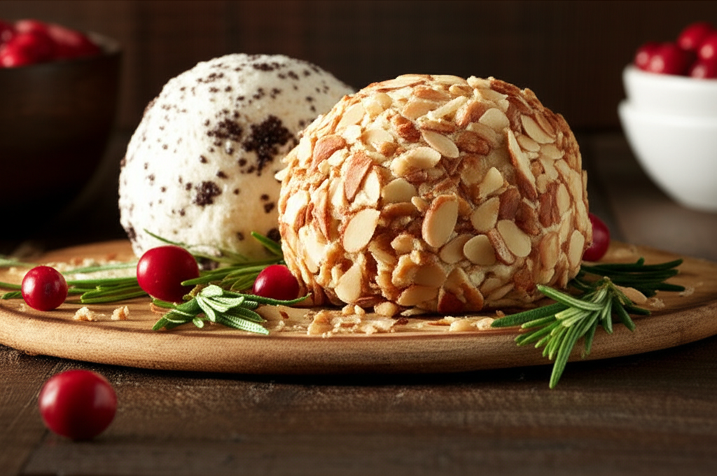 Two cheese balls on a wooden board: one with almonds, one with dark specks, garnished with cranberries and rosemary.