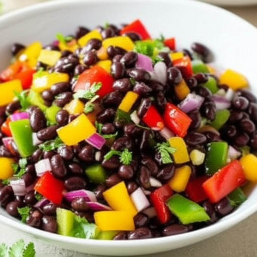 Black bean salad in a white bowl, with diced red onion, bell peppers, and cilantro.