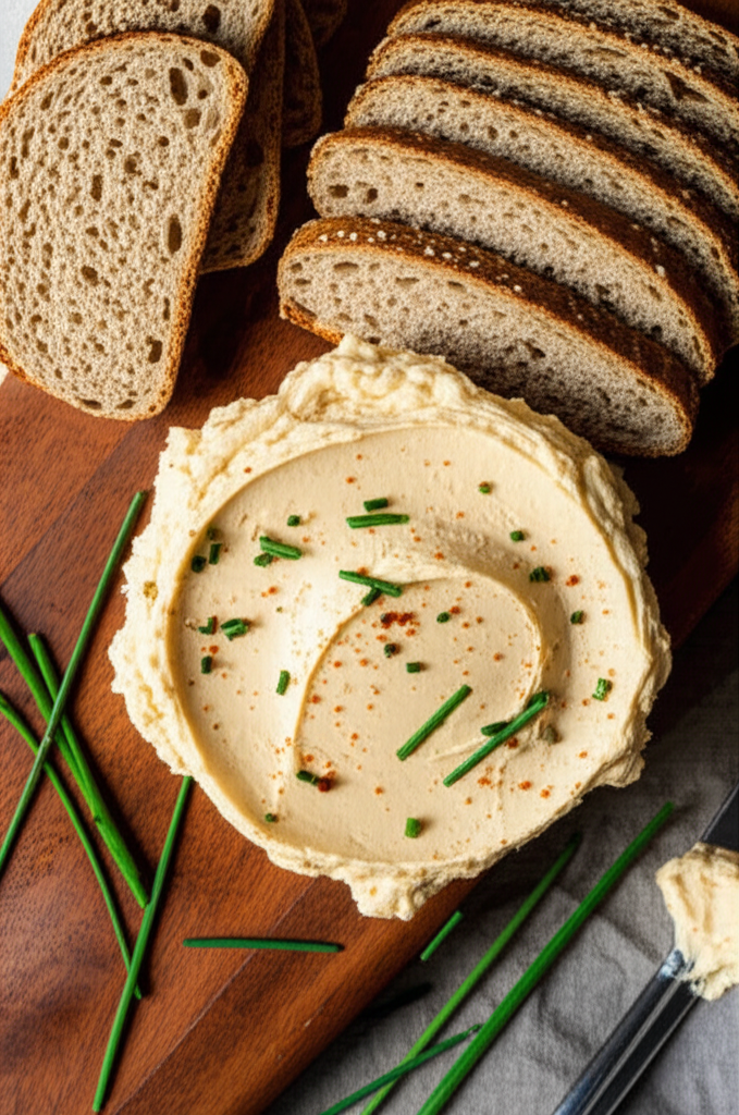Creamy cheese spread, garnished with chives and paprika, served with sliced bread on a wooden board.