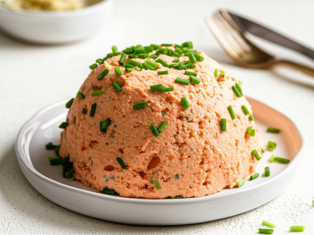 Dome of Liptauer cheese on a plate, sprinkled with fresh chives.